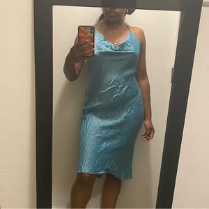 Blue Midi Halter Silk Dress